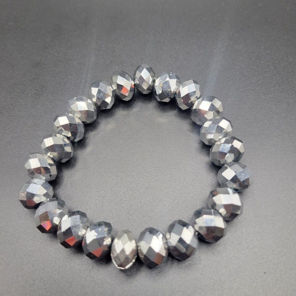 10mm Faceted Stretch Men Women Silver Terahertz Energy Healing Bracelet